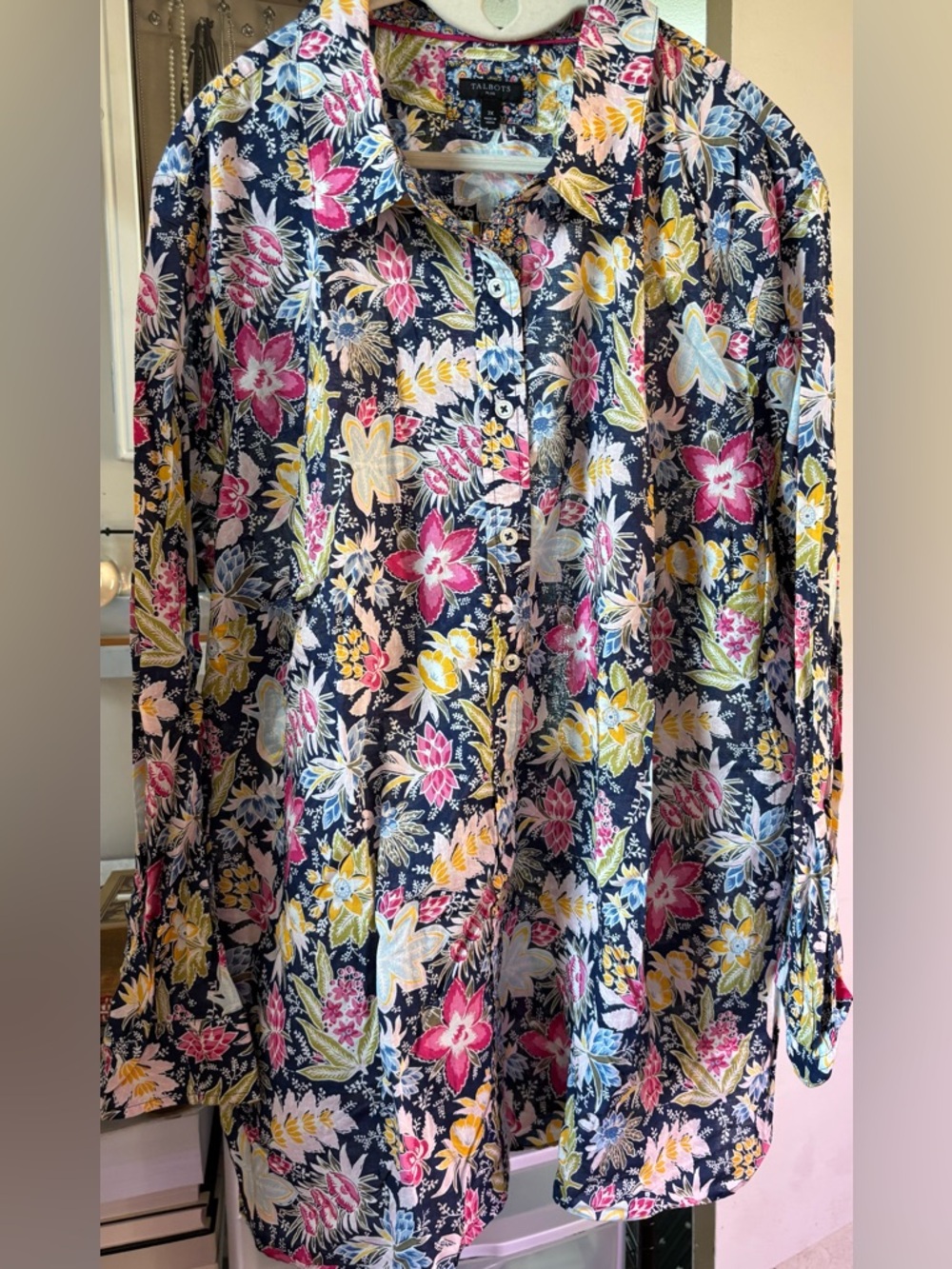 Talbots Navy Floral Button-Down Shirt with Pink & Yellow Blooms